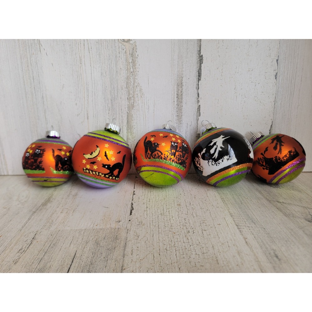 Halloween vintage witch black cat ball ornament Xmas glass set glitter owl moon